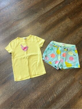 Mini Boden Yellow Tee with Cat & Jack Fruit-Print Shorts 7-8